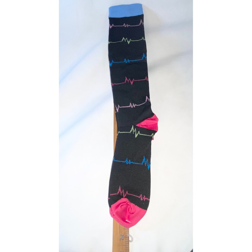 EKG Heartbeat Knee High Compression Socks Black Medical Nurse Pulse Pattern - Picture 3 of 7